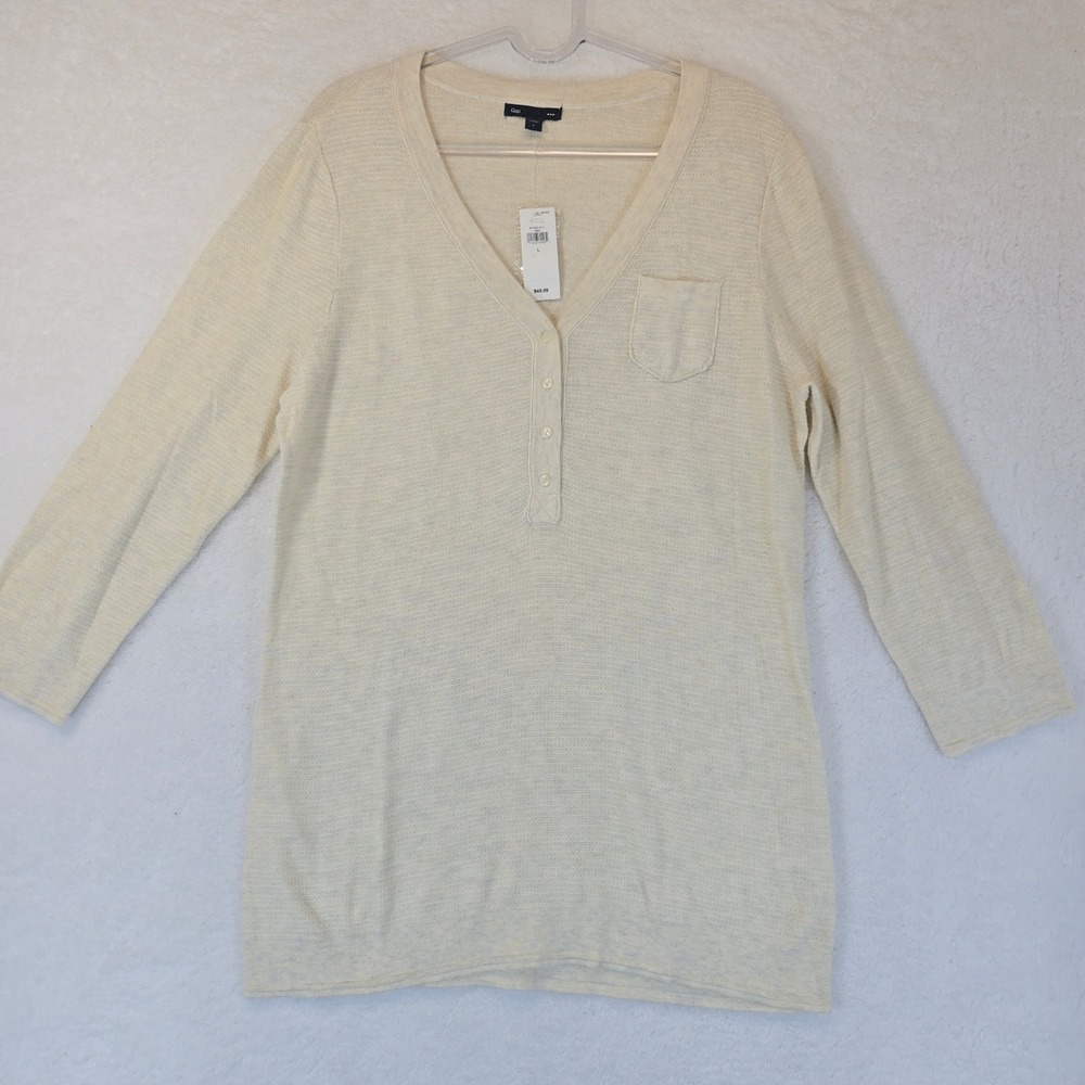 Gap Henley Waffle Knit Top Lightweight Cream V‎ Neck Neutral Minimalist Women L